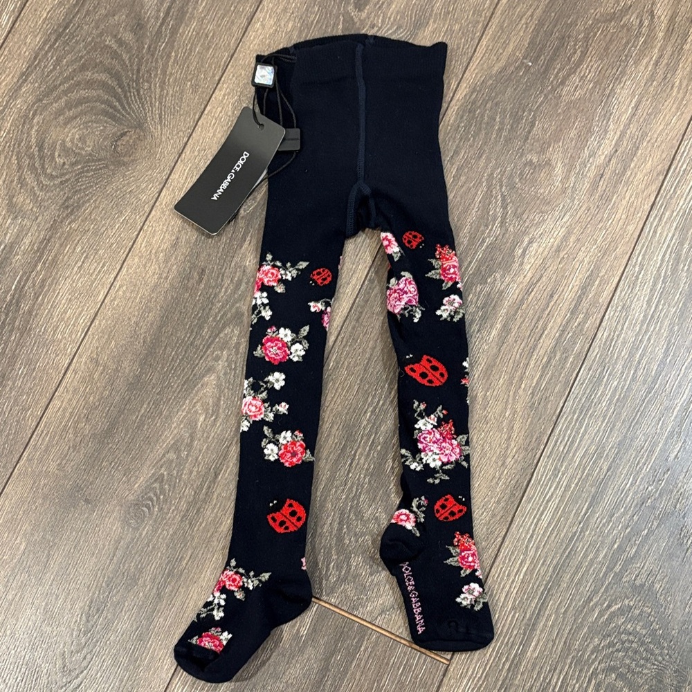 NEVER WORN Girls Dolce & Gabbana Black Tights w/Red & Pink Floral Ladybug Design